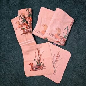 Vintage Utica Pipeline Beige  Duck Scene 6 Piece Bath Towel Set Cotton Made USA